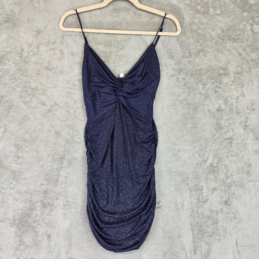 Lucy In The Sky Dress Womens Medium Blue Glitter Ruched Bodycon Slip Mini